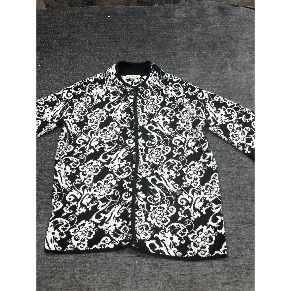 JM Collection Cardigan Women L Black White Floral Damask Knit Jacket 3/4 Sleeve